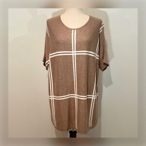 ANN TAYLOR Factory Cotton Blend Short Sleeve Sweater with White Accents in Taupe